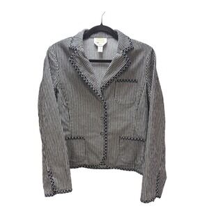 Talbots Petite Blazer Jacket Black White Stripe Stretch Button Front Womens 10